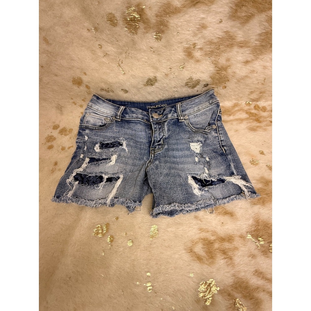 Maurices Distressed Lace Backed Denim Shorts Medium Wash Cutoffs Size 2